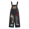 American Vintage Denim Overalls Men Women Leopard Patchwork Loose Wide Leg Embroidery Casual Jeans
