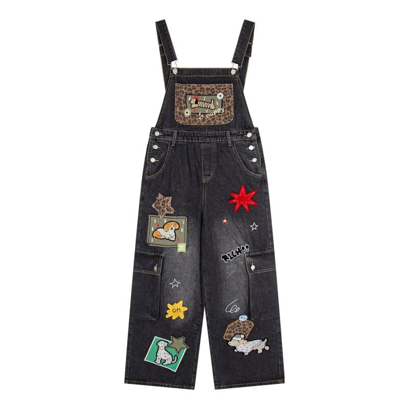 American Vintage Denim Overalls Men Women Leopard Patchwork Loose Wide Leg Embroidery Casual Jeans