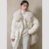 Winter Ladies Fox Fur Collar Waist Mid-length White Duck Down Jacket