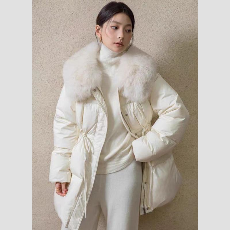 Winter Ladies Fox Fur Collar Waist Mid-length White Duck Down Jacket