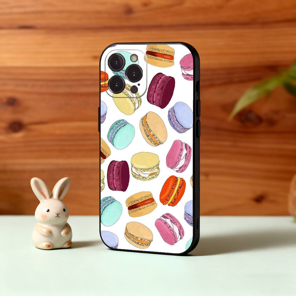 Yummy Macaron Colorful Phone Case For iPhone17,16,15,14,13,12Plus,Pro Max,XS,5G Soft Silicone Black Cover