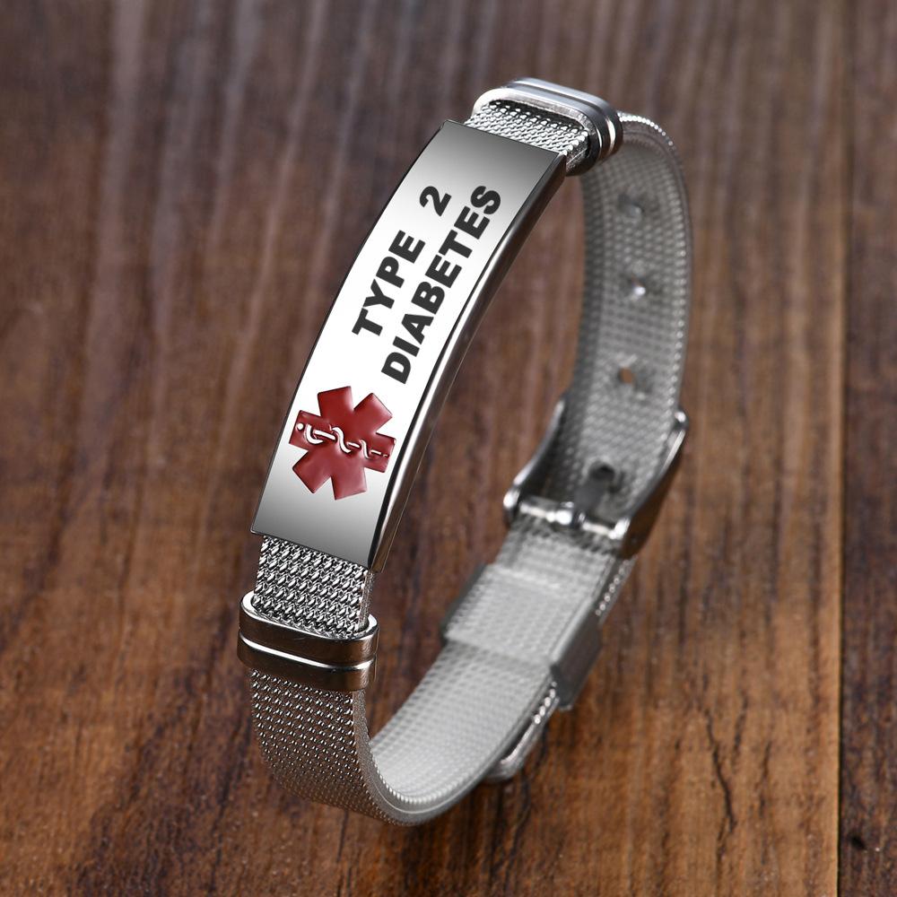 Medical Alert ID Bracelet Emergency First Aid Health Monitoring Laser Engraved Satinless Steel Adjustable Bracelet for Men Women