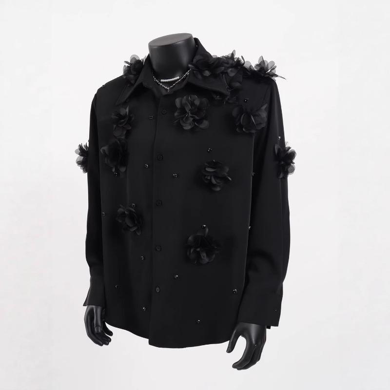 

Men 3D Flower Shirt Long Sleeve Lapel Rhinestone Embellished Party Casual Shirt for Men S чёрный