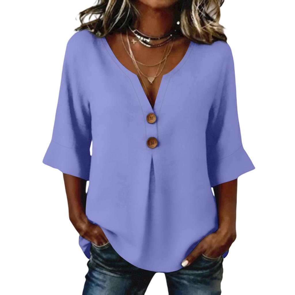 Women's  Color Button Casual V-neck Fashionable Seven Quarter Sleeve Top