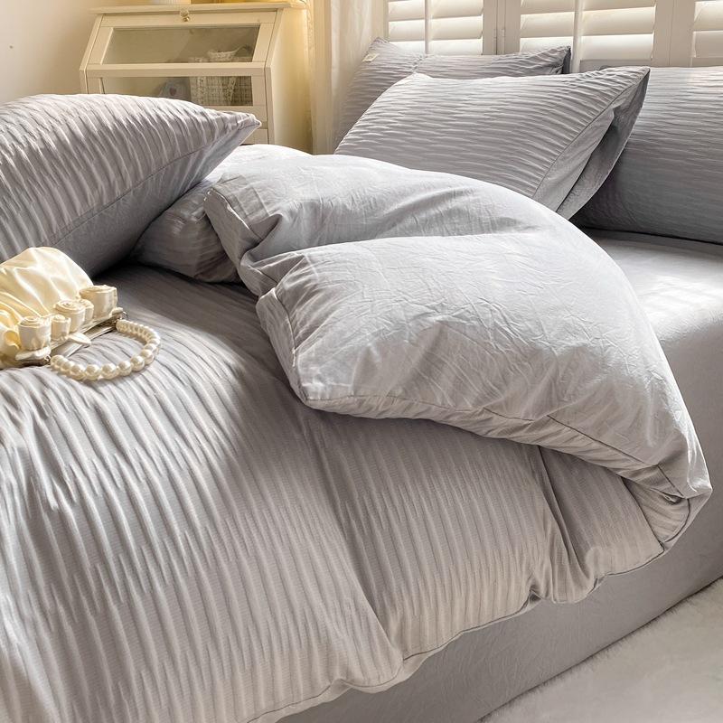 Washed Cotton Four-piece Set, Simple Bed Sheet Quilt Cover, Dormitory Pure Cotton Solid Color Three-piece Set