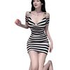Women's 2024 Striped V-Neck Bodycon Midi Dress: Pure, Sexy, Short-Sleeved Slimming Design.