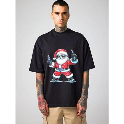 Men's Black T-Shirt Santa Claus Holding Guns Christmas Holiday Casual Wear