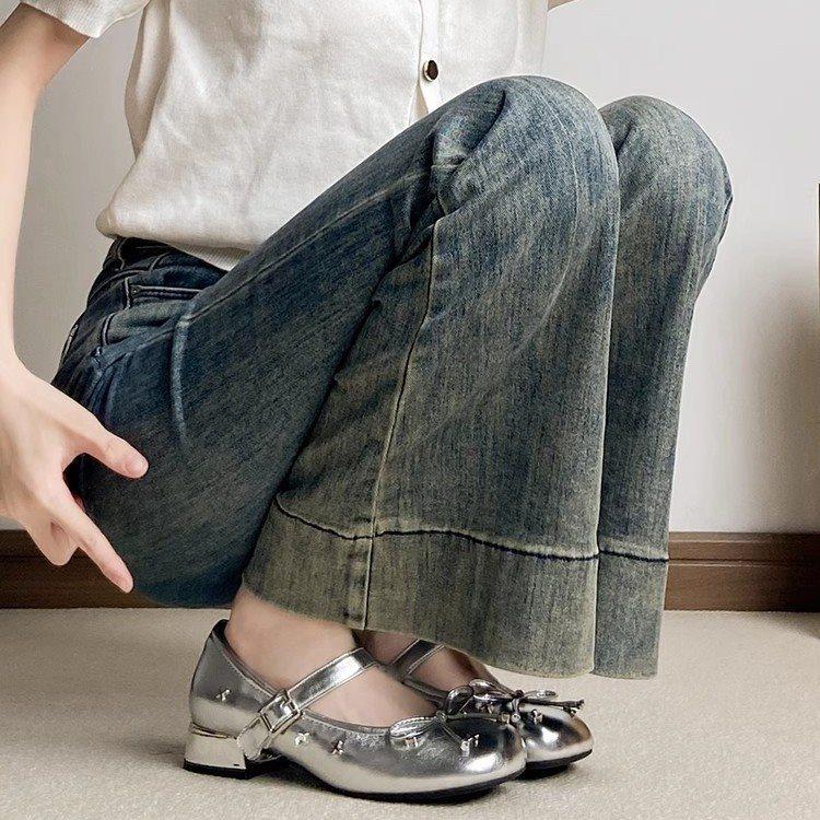 Shoe Fairy One Word Square Head Light Mouth Super Spring and Autumn French Retro Buckle Single Shoes Women's Shoes 2025 Wind Thick Heel Silver