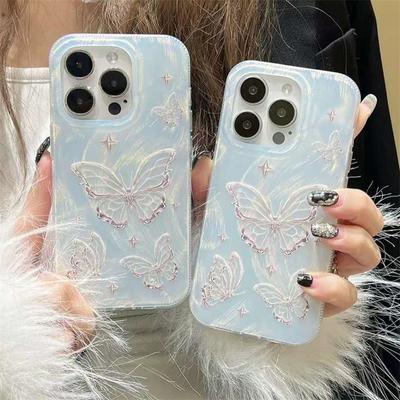 Korean Butterfly Feather Laser Shell Pattern Phone Case For iPhone 15 13 Pro Max 14 Pro 12 11 Glitter Luxury Cover