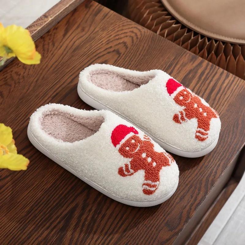 fashion Christmas lovely Plush Slippers Women's Winter Warm Cute Gingerbread Man Home Slippers Funny Slippers Non Slip Cotten Shoes