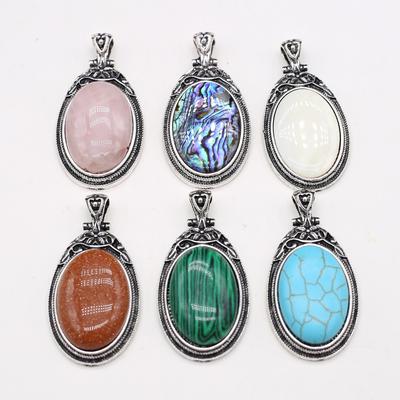 Natural Stone Pendant Vintage Style Necklace Fashion Jewelry Oval Shape Alloy Choker Rose Quartz Opal Malaysian Jade Gift Ideas Lover Gifts