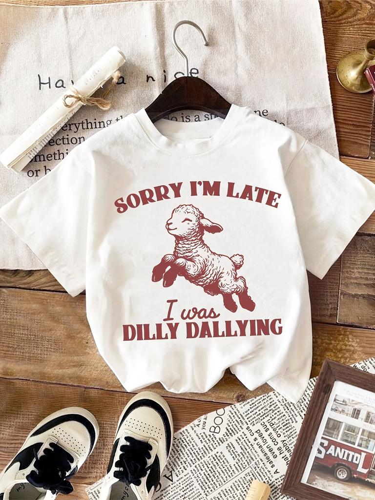 Women's "Sorry I'm Late" Dilly Dallying Sheep Graphic T-Shirt - Casual Polyester Round Neck Short Sleeve Top Machine Washable