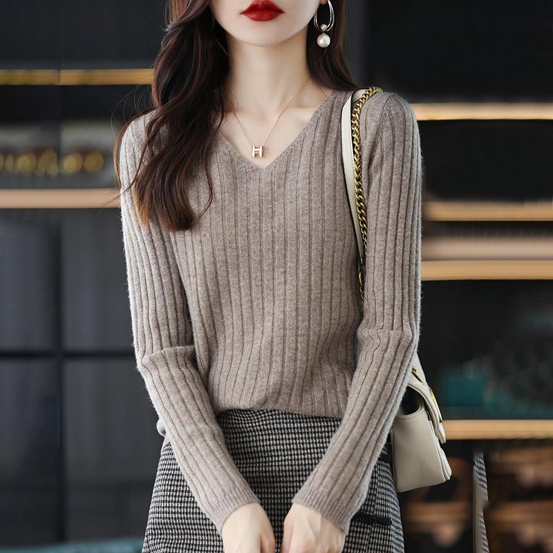 Женский свитер с длинным рукавом, вязаный пуловер с v-образным вырезом, модный свитер, женский зимний базовый женский костюм, однотонные свитера из ПР One Size света кофе