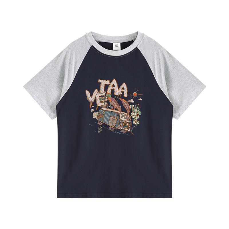 Ladies Summer Short Sleeve Round Collar Color Block Cartoon Printed Loose Pullover Casual T Shirt Top