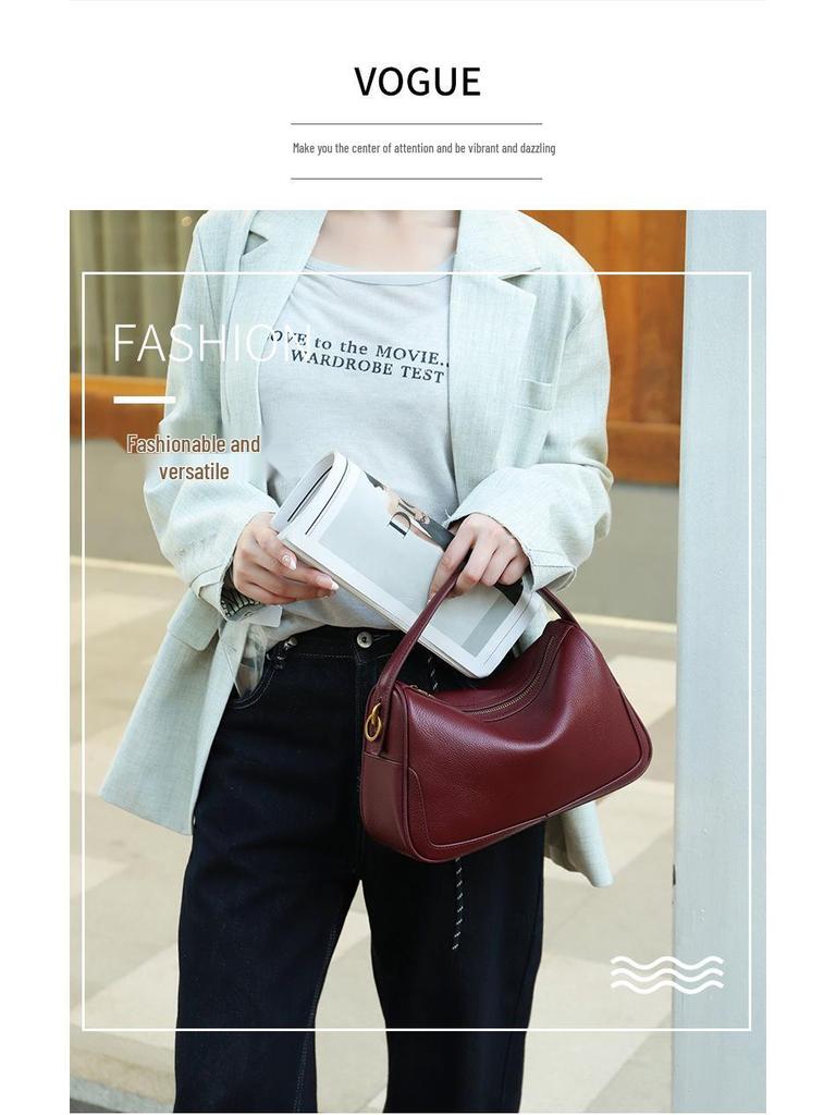 Spring 2025 Versatile One-Shoulder Pebbled Cowhide Boston Crossbody Bag for Women