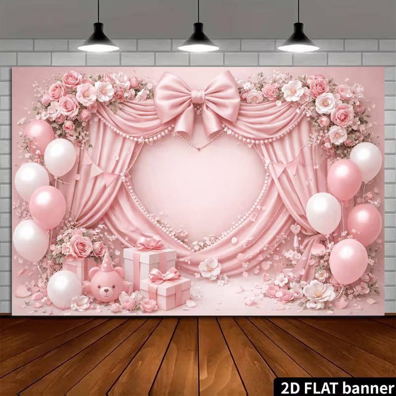 2D Printed Backdrop with Pink Curtains, Large Bow, Flowers, Balloons and Teddy Bear