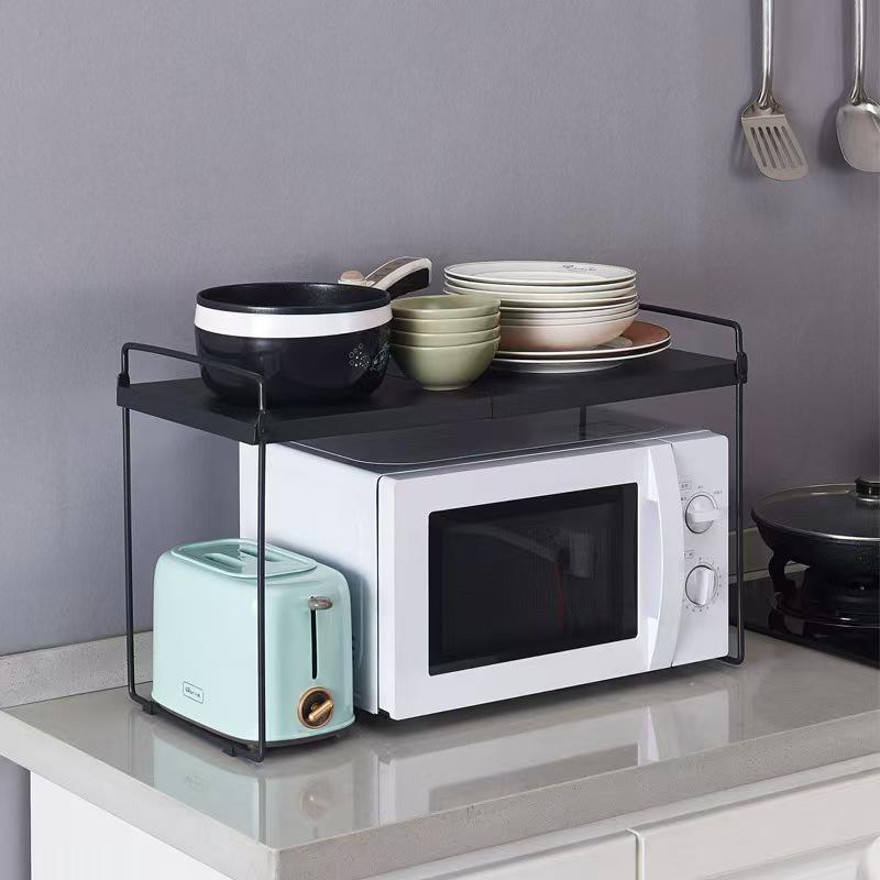 Retractable Microwave Oven Storage Rack with Seasoning and Utensil Organizer
