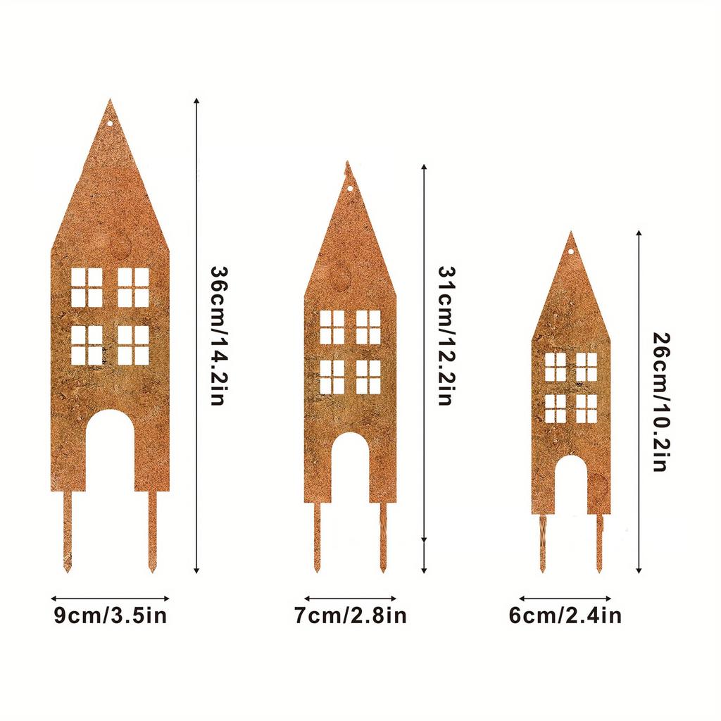 Rustic Metal Garden Stakes Set of Three Castle House Silhouettes Outdoor Decorative Yard Art for Planters and Lawn Display