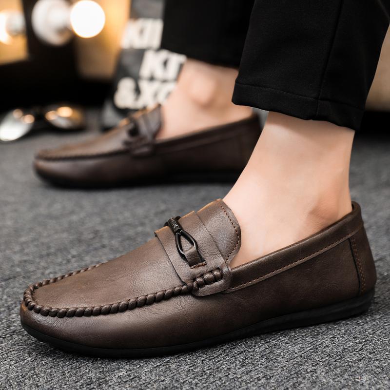 Metal Buckle Black Loafers Leather Mens Slip on Shoes Comfortable Men Casual Shoes Male Driving Footwear Breathable Mens