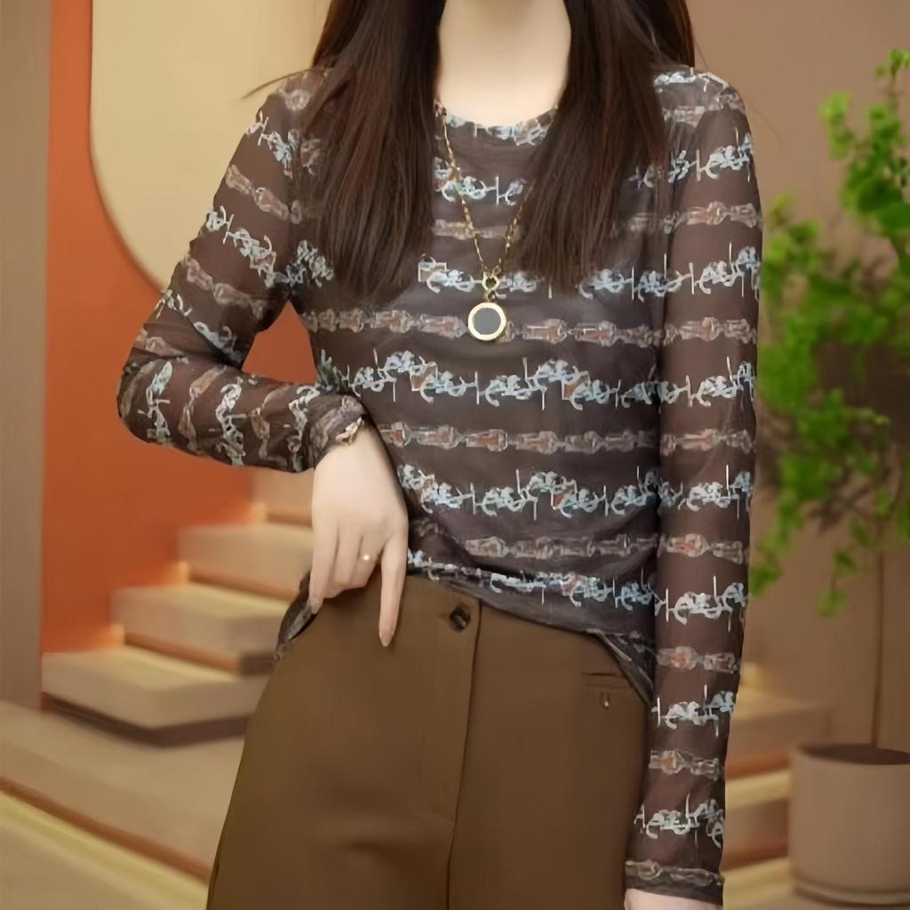 Women's 2025 Retro Print Mesh Long Sleeve T-Shirt – Stylish, Versatile Inner Layer Fashion Top