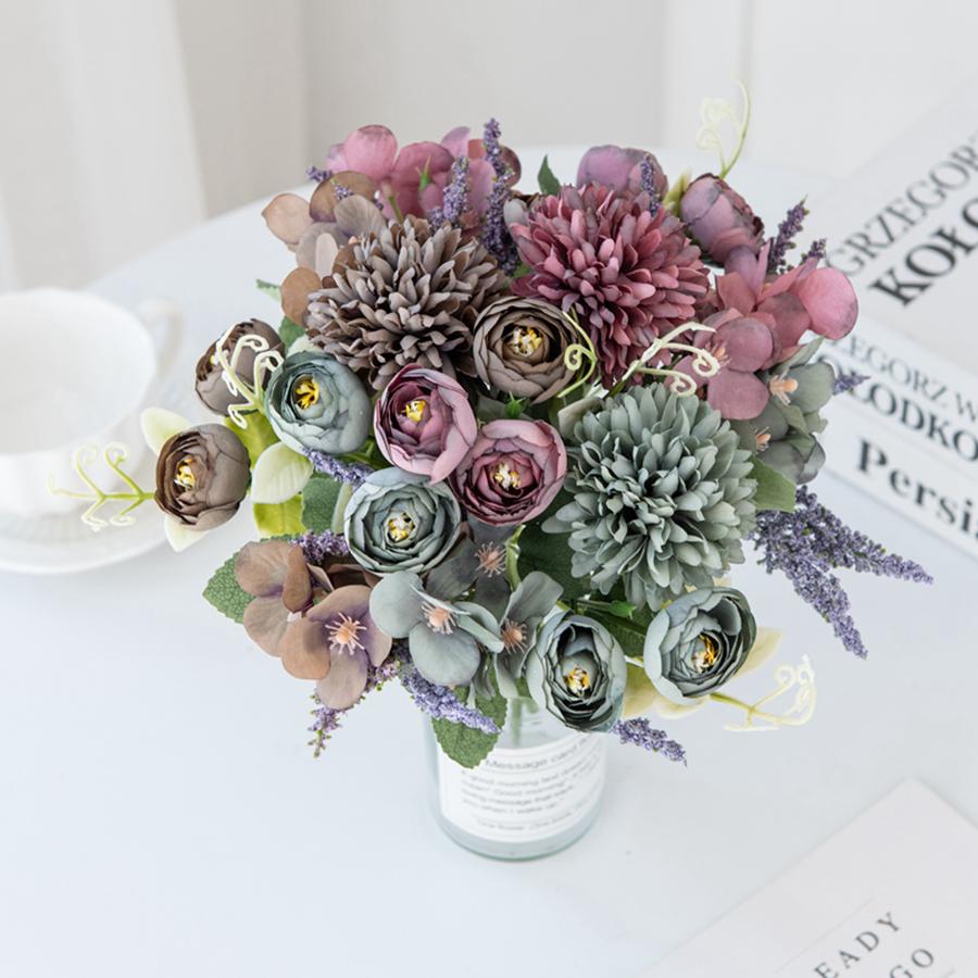 Artificial Hydrangea Flowers Scrapbooking Silk Tea Rose Buds Bouquet Vase Home Room Decor Wedding Diy Festival Garland Accessory
