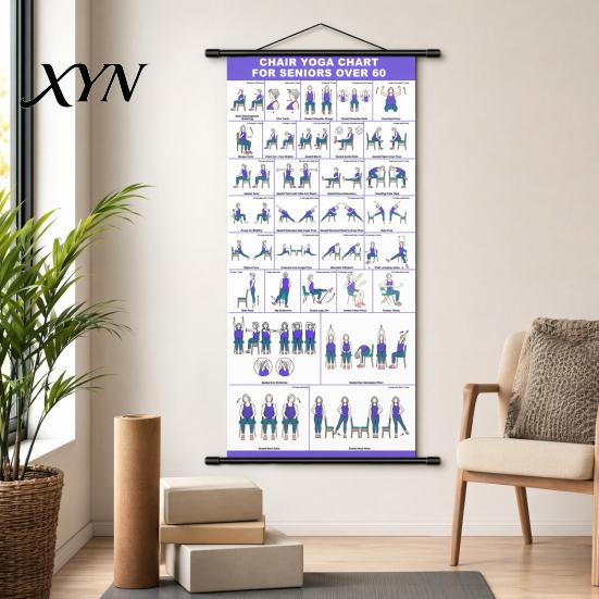 Wellness Wall Art Chair Yoga Chart, Canvas Poster with Hanging Rod And Rope, Gentle Movement Guide Chart for Seniors Beginners Home Stretching