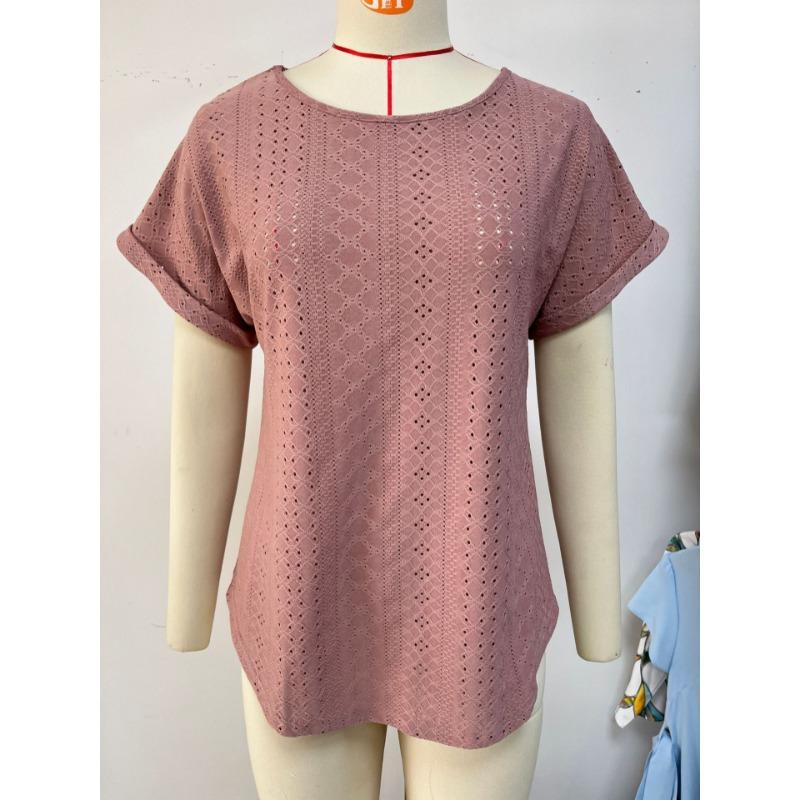 Spring and Summer Round Neck Hollow Out Women Blouse New Loose Short Sleeved T-shirt Solid Color Casual Simple Top Sweet Shirts Ladies Clothing