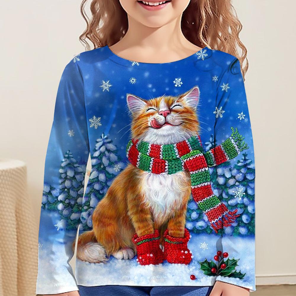 

Футболка з мультяшним котом для дівчаток від 13 до 14 років, дитячий одяг, футболки з повним рукавом, осінні дитячі топи, 3d-футболки з тваринами 110cm