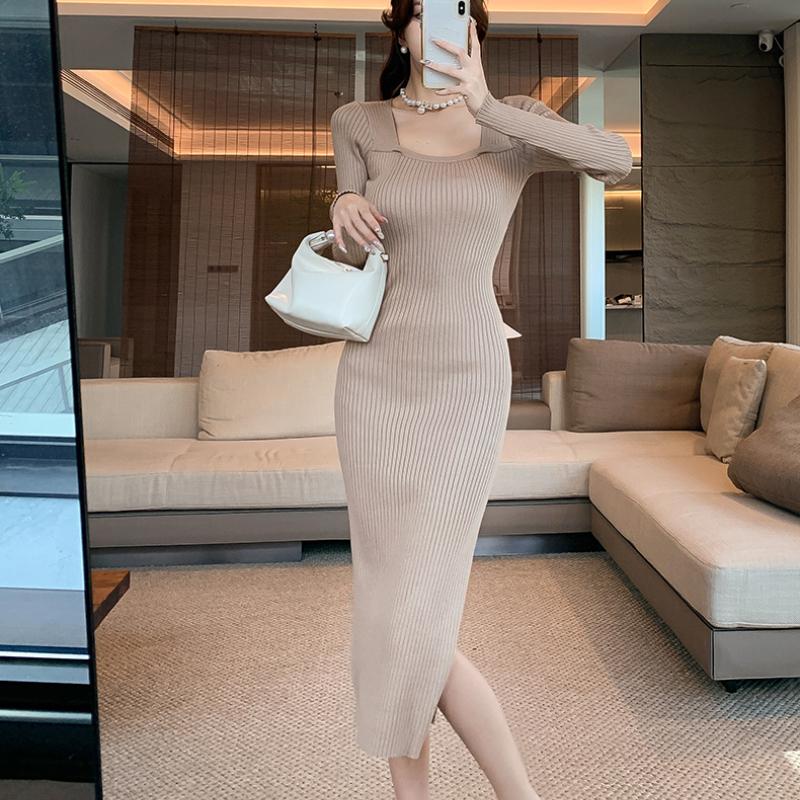 Spring Square Neck Knitted Sexy Dress Women Fashion Autumn Slim Fit Base Women's Sweater Dresses Elegant Long Sleeve Solid Winter Casual Dress 25955