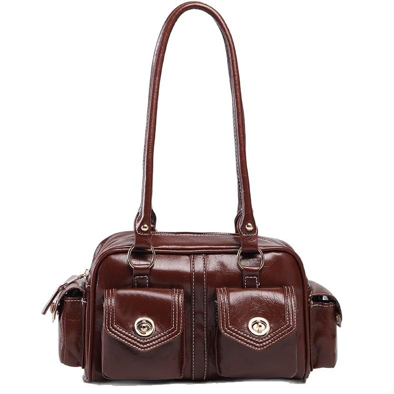 Sweet And Cool Babes Retro Locomotive Bag Women'S Versatile Black Multi-Pocket Handbag Large Capacity Shoulder Boston Bag