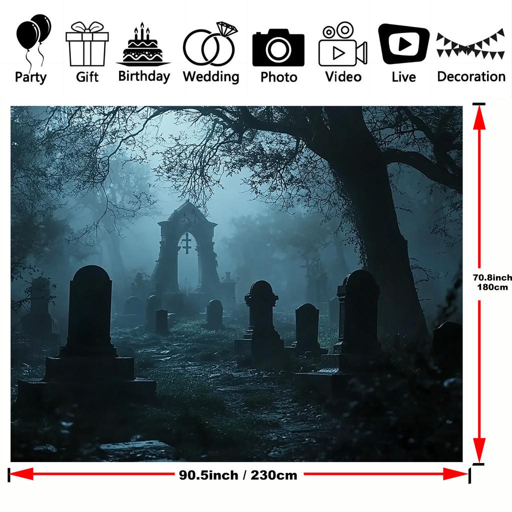 1 Set of Cemetery-themed Photo Background - a Creepy Cemetery Scene with Foggy Trees and Tombstones