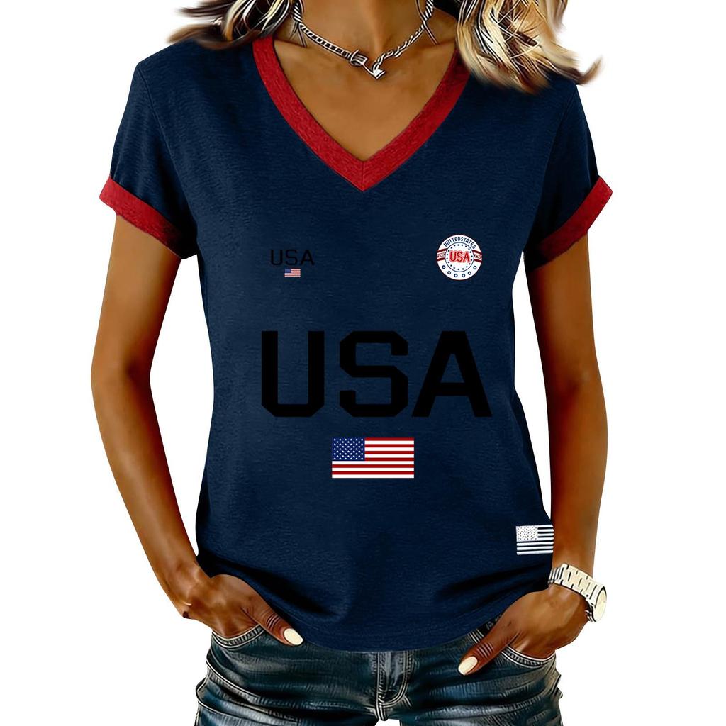 Damen Lässiger V-Ausschnitt Kurzarm Pullover Bedrucktes T-Shirt Top