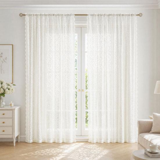 1 Panel Sheer Lace Curtain, Vintage Floral Lace Curtain with Rod Pocket, Light Filtering Window Curtain Panel for Living Room Bedroom Window Closet