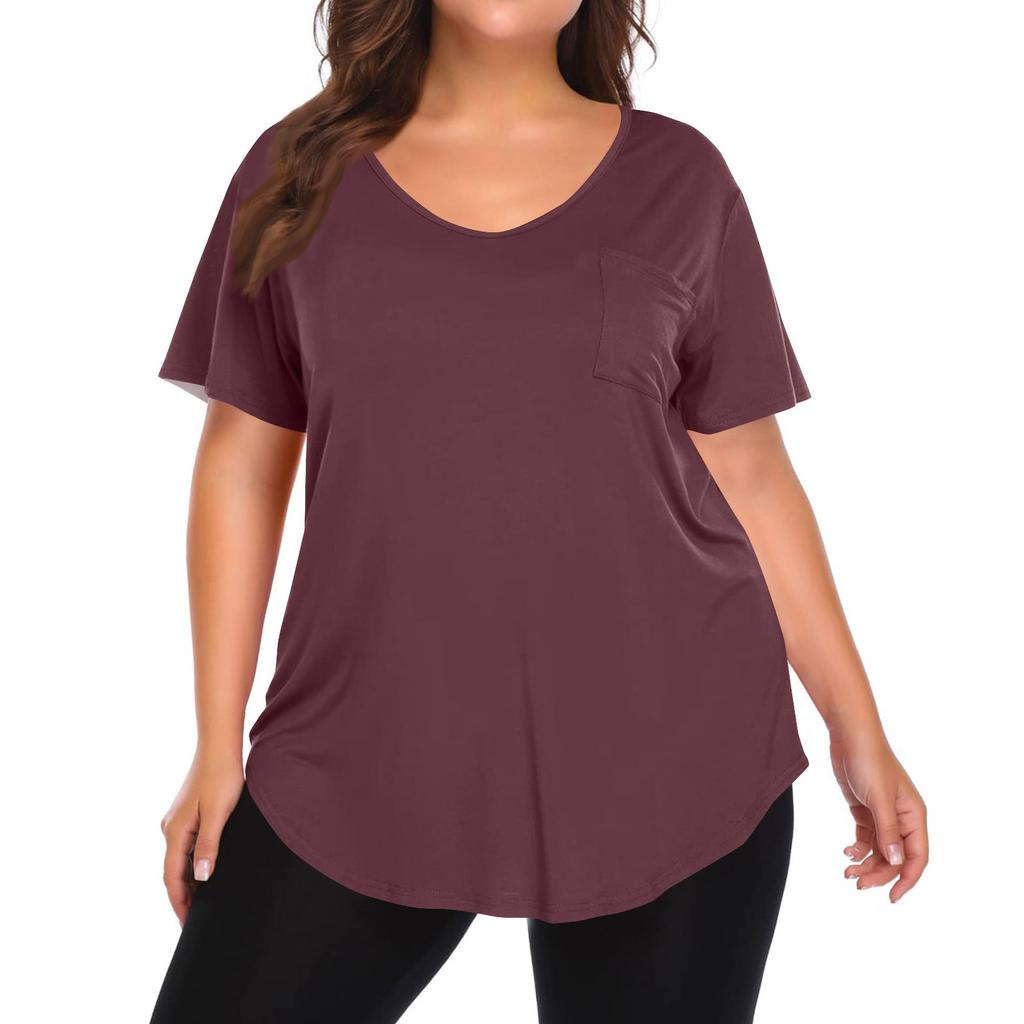 Women's Solid Color Large Size V-neck Top Loose Pocket T-shirt