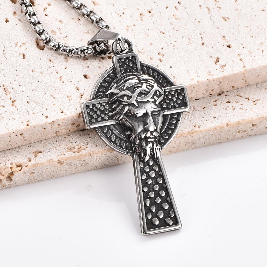 Stainless Steel Jesus Face Cross Pendant for Men Women Punk Amulet Orthodox Cross Necklace Chain Charms Jewelry Gift