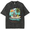 Beach Coconut Tree Skull Print Washed Denim Cotton T-Shirt Women's Black Short Sleeve Loose Oversized Travel Home