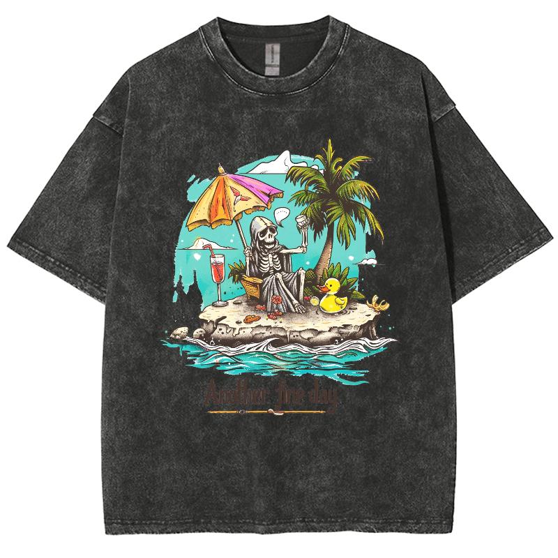 Beach Coconut Tree Skull Print Washed Denim Cotton T-Shirt Women's Black Short Sleeve Loose Oversized Travel Home