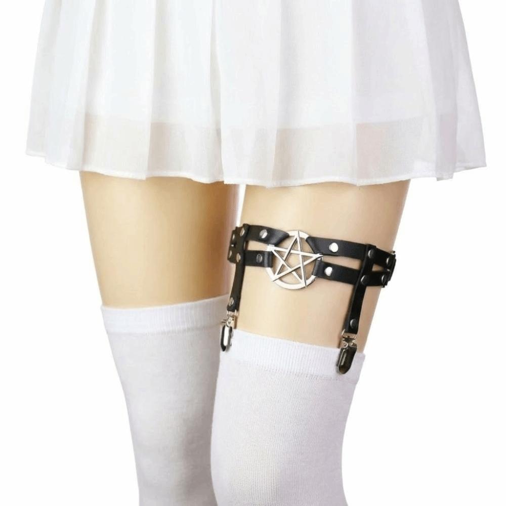 Punk Suspender Stockings Clip PU Leather Garter Belt Cool Pentagram Leg Strap  JK Accessory