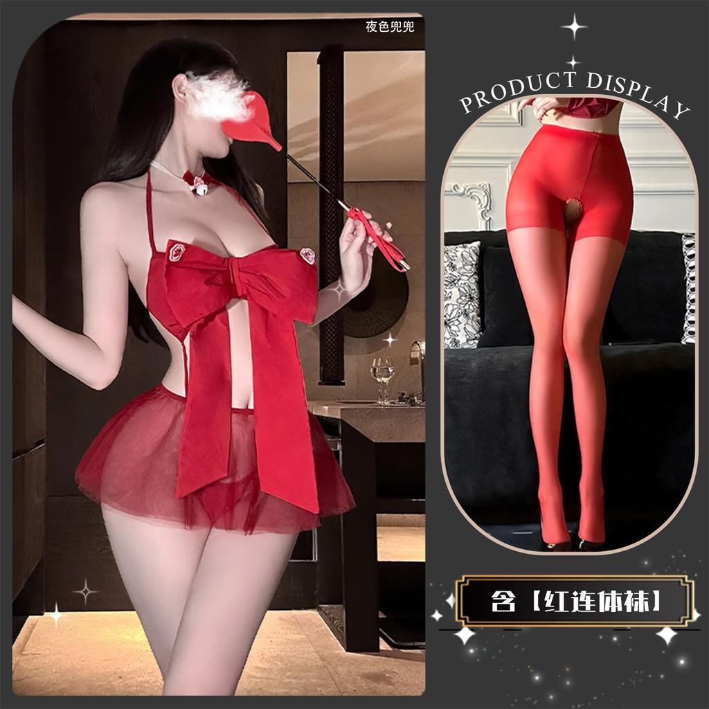 Sexy underwear Sexy pajamas Women's pure desire mesh big bow suspender skirt Perspective backless super short nightdress