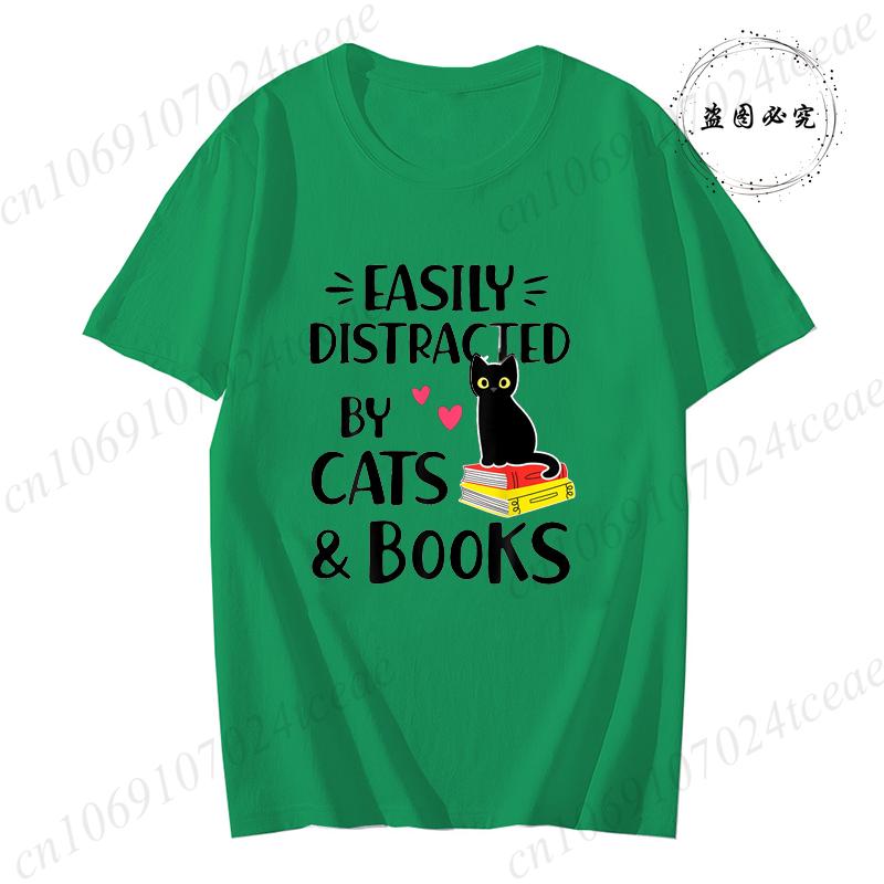 Short Sleeve Tshirt for Unisex Tee Clothes Easily Distracted By Cats and Books Tee Tops Book Reader Top Y2K Unisex Casual Clothes