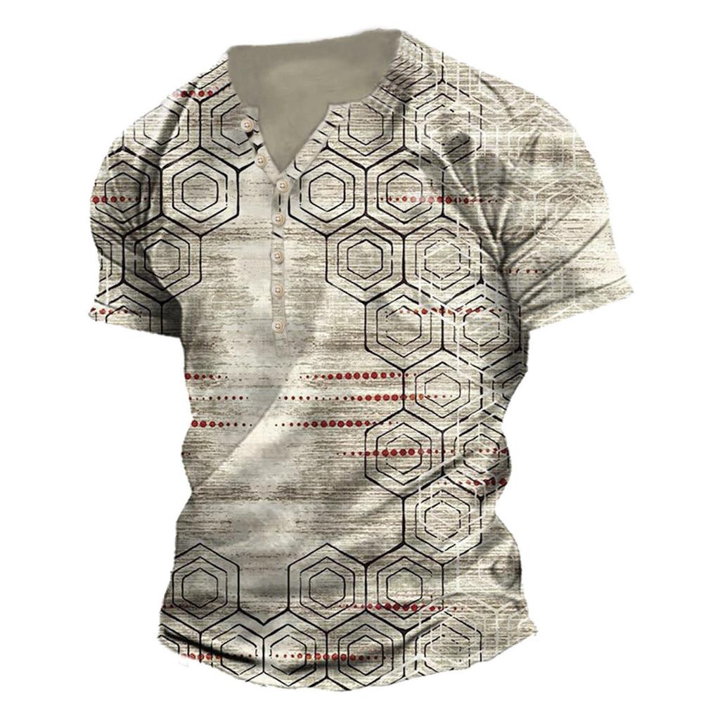 Men'S Printed T-Shirt Outdoor Retro Button Loose Short Sleeve Top