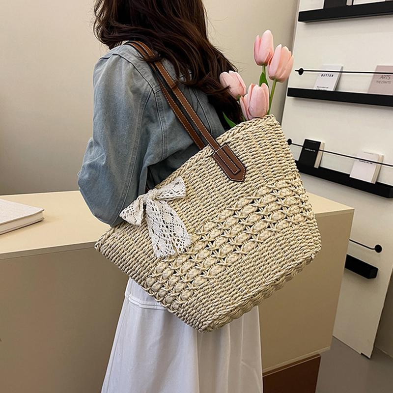 Yogodlns Summer Straw Woven Large Capacity Seaside Tote Bag Women's Basket New Beach Bag Shoulder Underarm Handbag