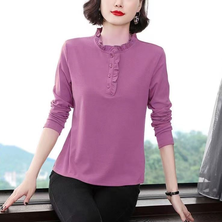 Long-sleeved Blouse Spring and Autumn T-shirt Women's Loose Large Size Stand-up Collar Western Style Bottoming Shirt