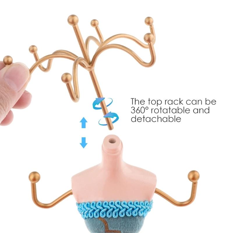 Elegant Jewelry Stand For Women Blue Mannequin Princess Dress Necklace Earring Stand Holder With Gold Accent