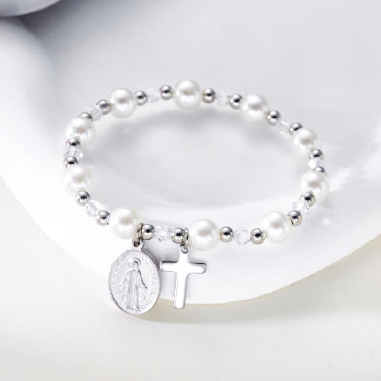 Elegante Bracciale con Crocifisso e Perle, dal Design Unico con Ciondolo in Lega per un Look Raffinato in Diverse Occasioni
