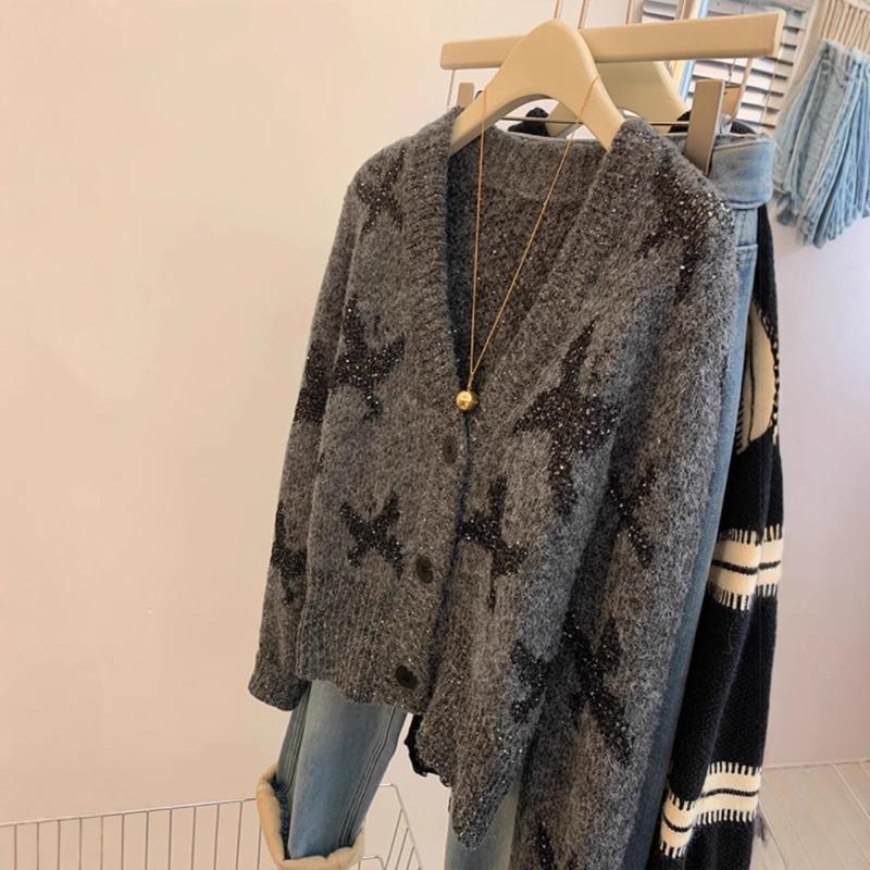 Grey Butterfly Sequined Premium Sweater Women's Soft Waxy Women's Cardigan Long-sleeved Short Knitted Jacket
