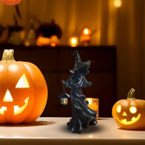 LED Witch Lantern Ornament Halloween Faceless Ghost Sculpture Holding Lantern Vintage Resin Witch Statue for Yard Patio Lawn Decor