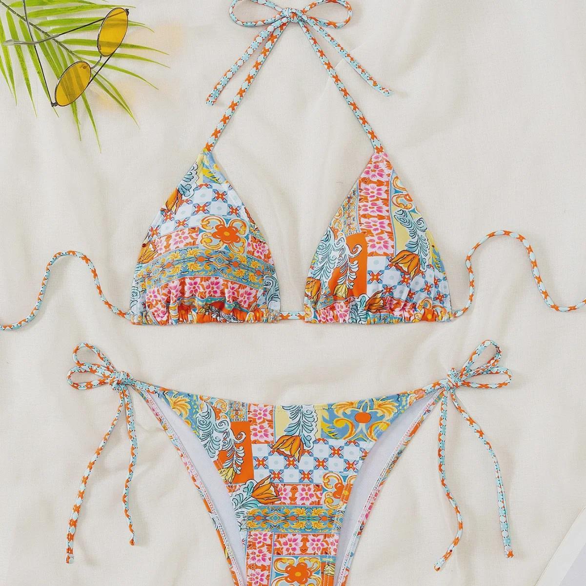 

2024 European & American Style Triangle Cup Printed Lace-Up Sexy Bikini Swimsuit for Women Extra Small