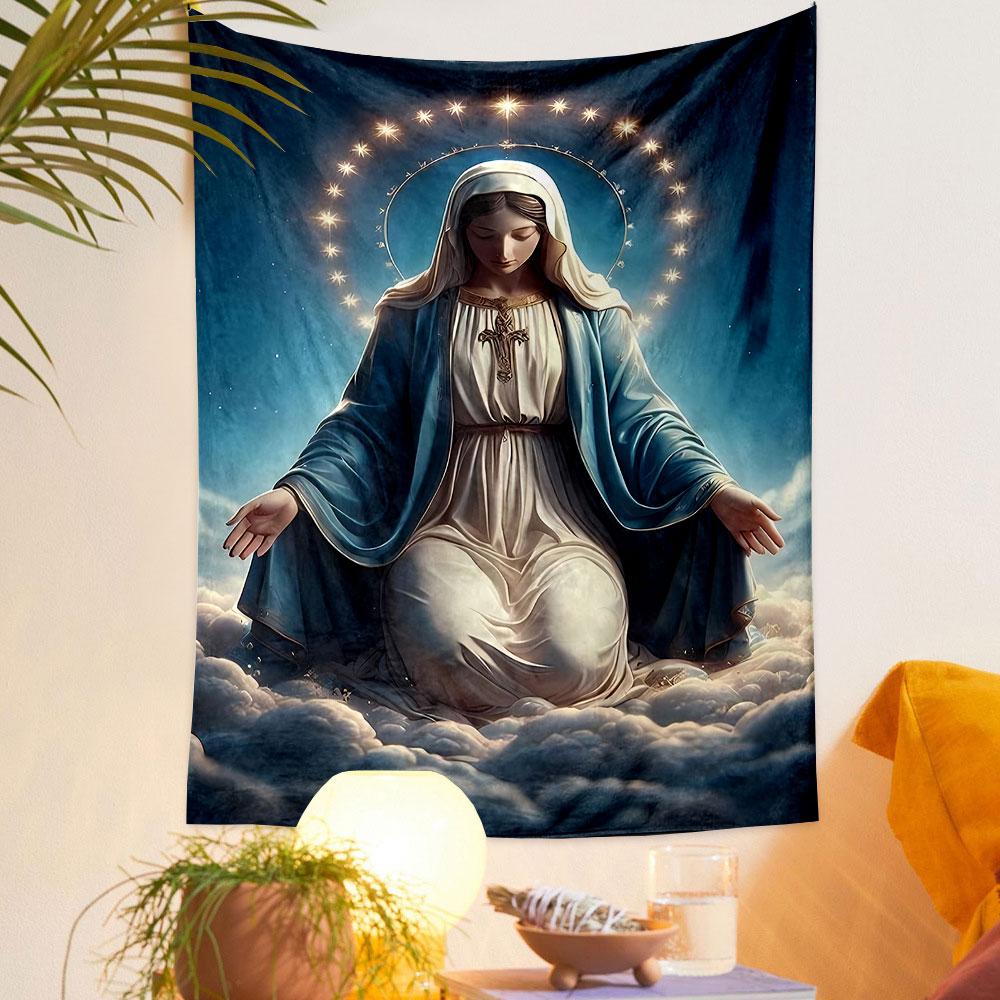 "Serene Virgin Mary with Halo Artwork" Patterned Tapestry Home Decor, Suitable for Bedroom and Living Room, Gift