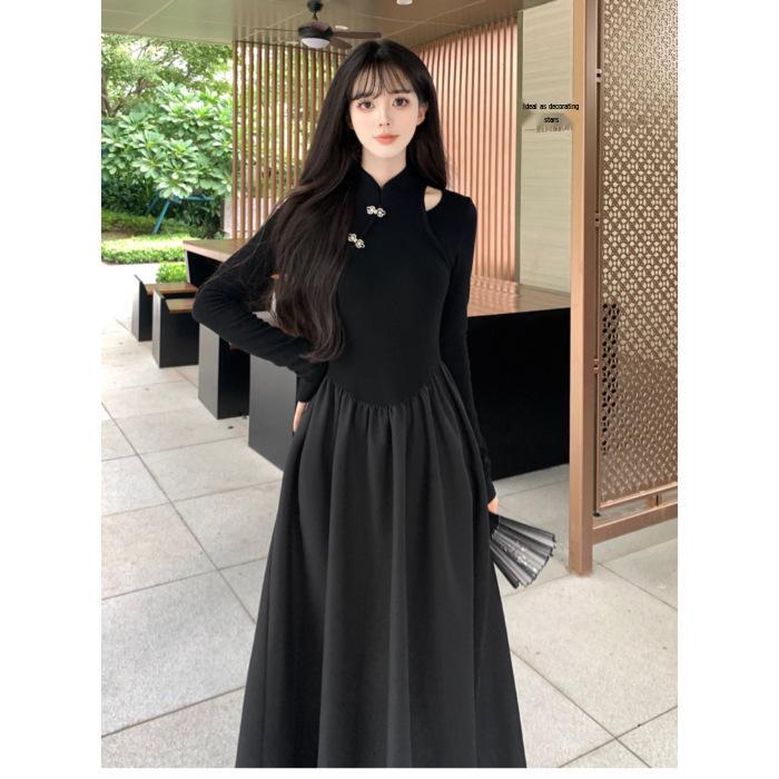 2025 Spring Plus Size Black Hepburn Style Long Sleeve Waist-Cinched Dress S